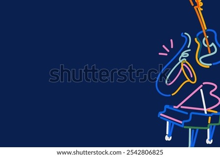 Dark blue background with a smooth texture. The background features colorful, abstract musical instrument outlines. Blue color dominates the design. Cute colorful music doodle illustration background.