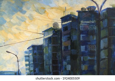 Dark Blue And Black Abstract City Town House And Sky Oil Painting On Canvas Texture Background. Art Creative Brushstroke Object For Textile, Card, Wallpaper, Wrapping, Sketchbook, Coloring Book