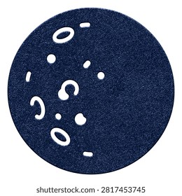 A dark blue circular textured disc featuring various white abstract geometric cutouts and shapes resembling a stylized moon or celestial body.