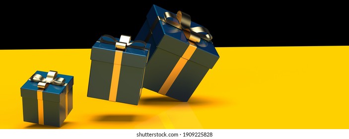 Dark blue closed gift boxes with gold ribbon on yellow background. 3D illustration. 3D CG. 3D high quality rendering.