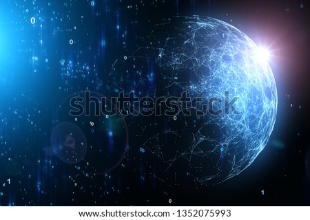 Dark blue colored abstract computer cyberspace background with digital  sunny sphere illustration. 
