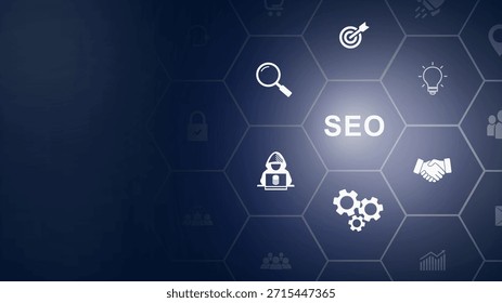 A dark blue hexagonal network features icons related to SEO, digital marketing, and website optimization with the text SEO in the center.