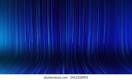 Dark blue lines background. Lines table. Dynamic line background. Dark blue bent background. The stripe particles are blue. Neon particles light flows in. Vertical horizontal lines. Digital screensave