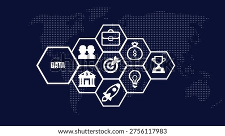 Dark blue map with interconnected hexagonal labeled data showing teamwork money target building rocket lightbulb and trophy