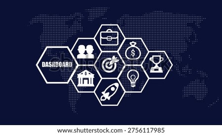 Dark blue map with interconnected hexagonal labeled dashboard showing teamwork money target building rocket lightbulb and trophy
