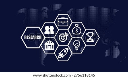 Dark blue map with interconnected hexagonal labeled research showing teamwork money target building rocket lightbulb and trophy