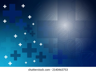 Dark Blue Medical Background With Molecular Hexagonal Shapes, Health Signs And DNA