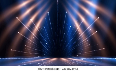 Dark blue neon light with rays of gold abstract night empty scene. The effects of light in the dark. 3d illustration