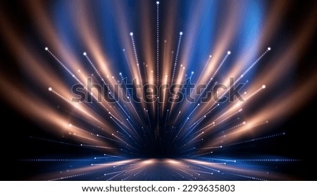 Dark blue neon light with rays of gold abstract night empty scene. The effects of light in the dark. 3d illustration