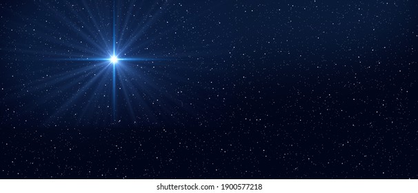 Dark Blue Night Sky With Bright Star. Baner Format. Christmas Star Of Bethlehem Nativity, Christmas Of Jesus Christ. 