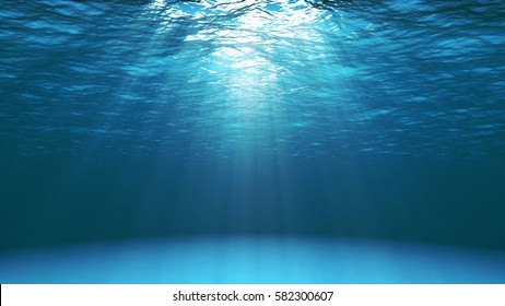 Dark blue ocean surface seen from underwater. Abstract Fractal waves underwater and rays of sunlight shining through. 3D illustration