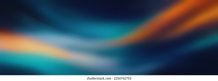 Dark blue orange grainy gradient background  blurry color flow and noise texture  wide banner size