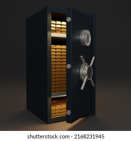 Dark Blue Safe Box Font View With Gold Bar Inside On Dark Background. Opened Metallic Safe Box. Realistic Metal Safe. Open Security Blue Metal Safe. 3d Render Illustration.