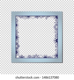Dark Blue Snowflakes Square Frame Template With Shadow On Transparent Background. Winter Retro Memory Picture.