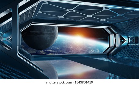 Dark Blue Spaceship Futuristic Interior Window Stock Illustration ...