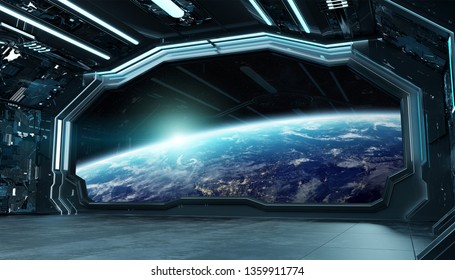 Dark Blue Spaceship Futuristic Interior Window Stock Illustration ...