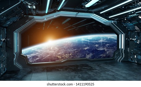 Dark Blue Spaceship Futuristic Interior Window Stock Illustration ...