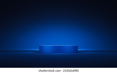 Dark Blue Stage Podium 3d Background Product Platform Of Empty Scene Presentation Pedestal Minimal Showcase Stand Or Abstract Light Show Blank Display And Neon Spotlight Showroom On Luxury Backdrop.