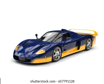 Dark Blue Supercar Concept With Yellow Details - 3D Illustration