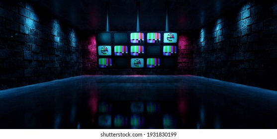 Dark Blue Tunnel With Multiple Working Old TV Wall Glowing Neon Purple Lights Spotlights On Rough Grunge Stone Brick Walls Club Podium Stage Cyber Retro Cement Concrete Basement Hangar 3D Rendering