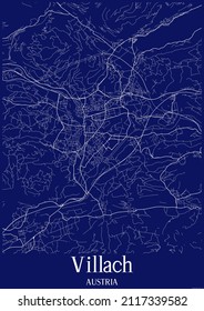 Dark blue urban map of Villach Austria.This map contains geographic lines for main and secondary roads.