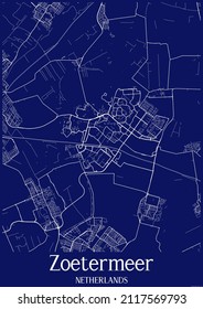 Dark blue urban map of Zoetermeer Netherlands.This map contains geographic lines for main and secondary roads.