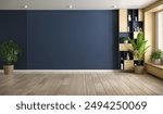 Dark blue wall mockup Modern interior ,empty room with cozy home  have wood cabinet and wood floor parquet, 3d render