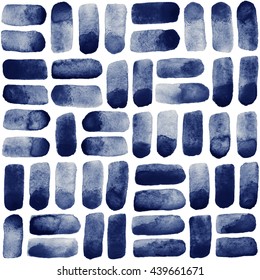 Dark Blue Watercolor Brush Strokes Vintage Background. Can Be Used As Seamless Pattern. Watercolour Uneven Spots Or Stains Texture. Abstract Hand Drawn Geometrical Template.