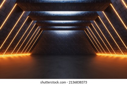 Dark Brick Room, Large Hall, 3d Rendering. Computer Digital Drawing.