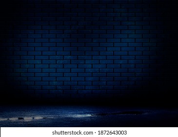 Dark Brick Wall, Blue Neon Light. Rays And Glare Of Light In The Dark. Night View Of A Dark Street, Abstract Projection On An Empty Wall. 3D Illustration