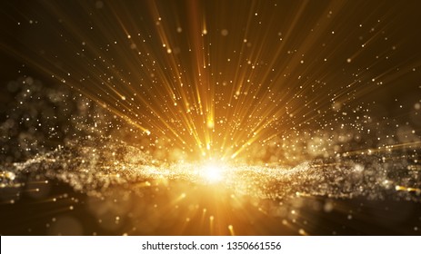 Dunkelbrauner Hintergrund, digitale Signatur mit Partikeln, funkelnde Wellen, Vorhänge und Tiefen. Die Partikel sind goldene Lichtlinien.