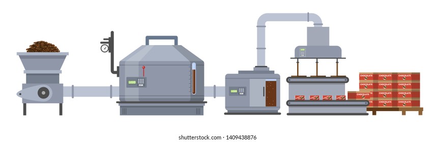 Dark Brown Chocolate Factory. Sweet Production On The Automated Machinery Line. Isolated  Flat Illustration