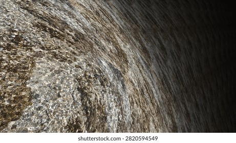 Dark brown and gray spiral vortex made from rough stone-like particles, sweeping inward toward a shadowed center. The textured circular motion suggests erosion, gravity, turbulence, geological forces, mystery, and dramatic natural energy.