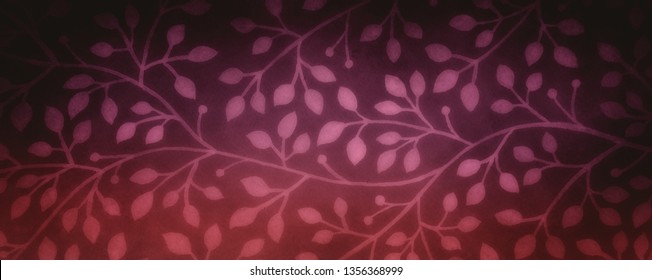 Dark burgundy red pink and purple wine color background with white floral watercolor ivy and vine pattern design and old vintage texture, pretty nature illustration Ilustrasi Stok