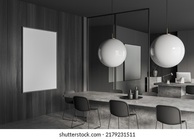 Dark Business Interior With Dining Table And Work Zone With Pc Computer, Side View, Grey Concrete Floor. Dishes And Stand With Art Decoration. Mockup Poster. 3D Rendering