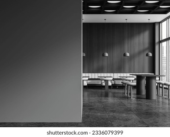 Dark cafe interior with chairs and table in row, grey tile concrete floor. Restaurant eating space with bar stool and panoramic window on skyscrapers. Mock up empty wall partition. 3D rendering