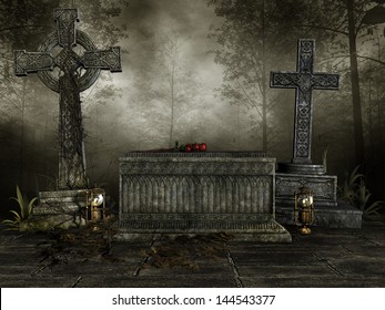 Dark Cemetery With Crosses, Tombstones And Lanterns