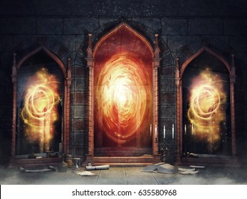 Dark chamber with magic mirrors, books and scrolls. 3D illustration.