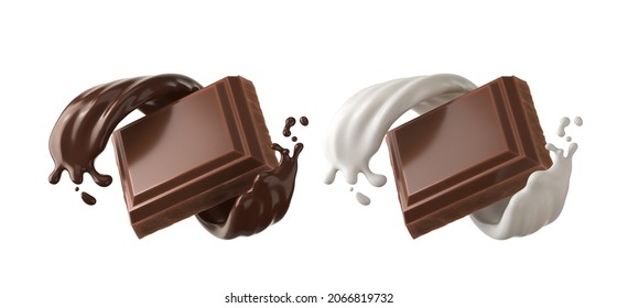 Dark Chocolate Bar Icon With Milk And Chocolate Cream Splash, 3d Illustration.