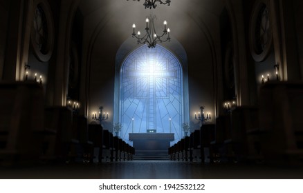 A dark church interior lit by suns rays through a crucifix stained glass window lighting the altar - 3D render - Powered by Shutterstock