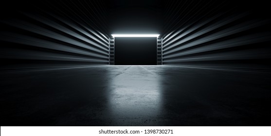 Dark Cinematic Futuristic Modern Garage Showroom Tunnel Corridor Concrete Metal Grunge Reflective Glossy Empty Space White Glow Showcase Stage Underground Hallway Entrance 3D Rendering Illustration