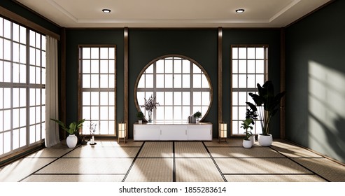 Dark Circle wall design and cabinet on empty  Living room japanese deisgn with tatami mat floor. 3D rendering