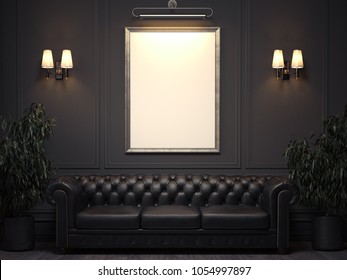 Dark Classic Interior With Sofa And Blank Picture Frame On Wall. 3d Rendering