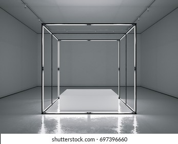 Dark Clean Gallery With Empty Modern Showcase. 3d Rendering