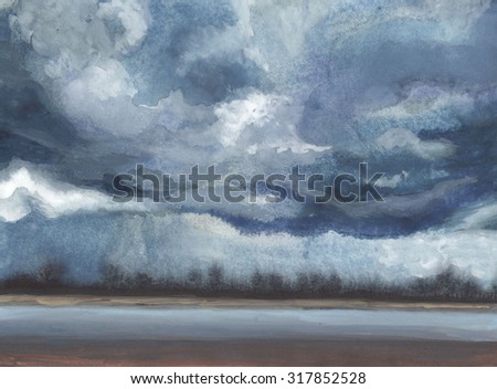 Dark clouds. Rainy evening at the seashore. Fine watercolor painting. Drawing from nature.