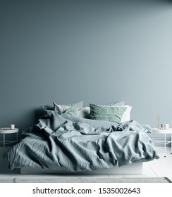 Dark Cold Blue Bedroom Interior With Linen Sheet On Bed, Wall Mock Up, 3d Render