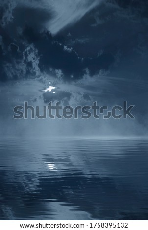 Dark cold futuristic forest. Dramatic scene with trees, big moon, moonlight. Smoke, shadow, smog, snow. Night forest landscape reflection in the river, sea, ocean. 3D illustration