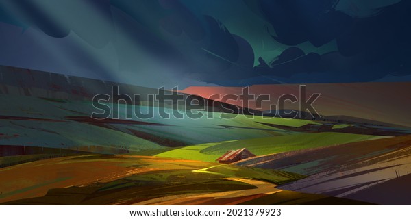 dark colored painted landscape with fields and\
a house in the\
moonlight