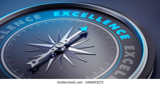 Dark compass with needle pointing to the word excellence - 3D illustration