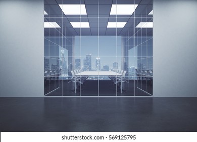 Dark Concrete Boardroom With Night City View. 3D Rendering